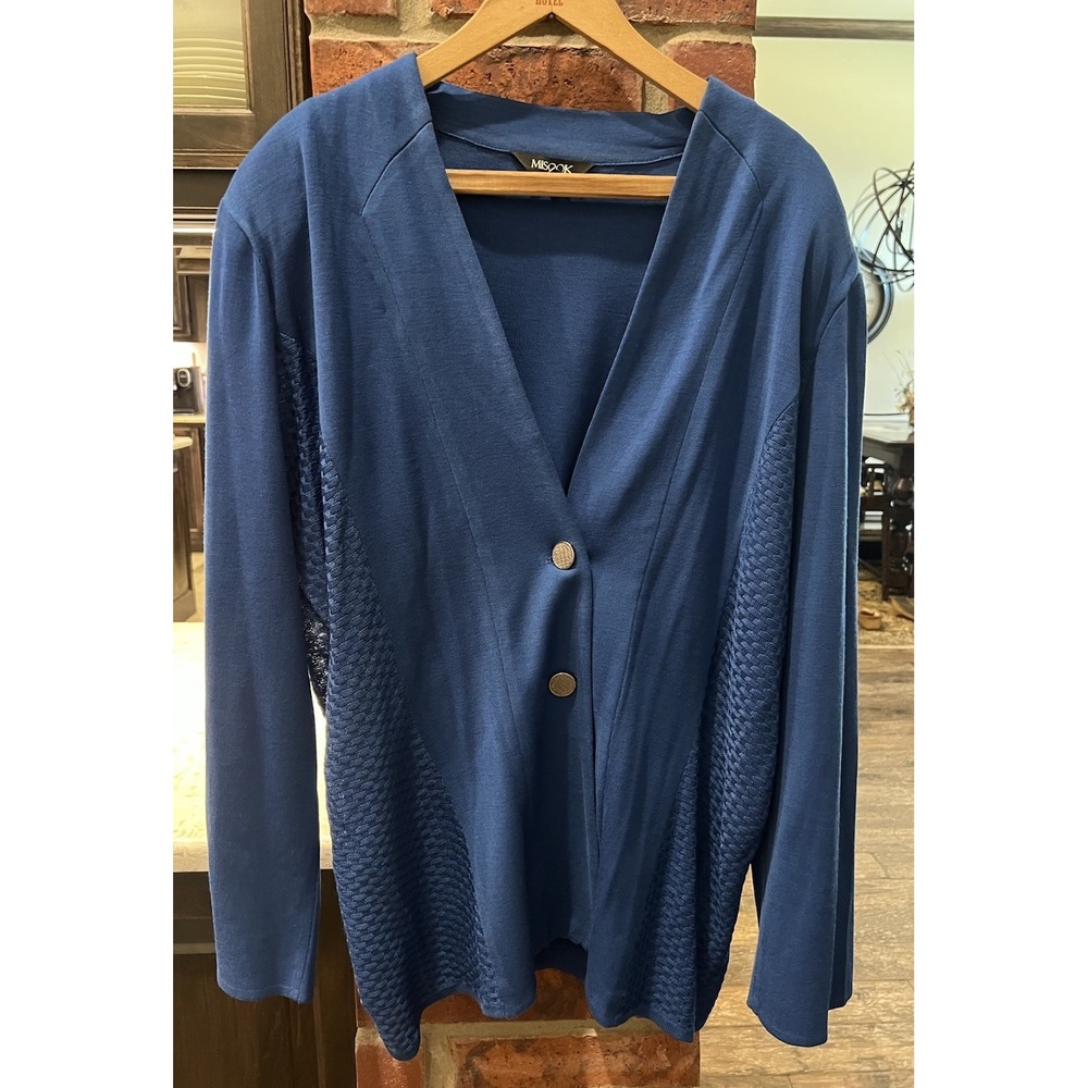 Misook Textured Panel Cardigan Blazer Basket weave Side Panels Blue Sz XL